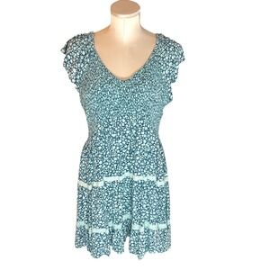 Angie Floral Smocked Tiered Mini Dress Teal White Lace Trim 2X Boho Festival